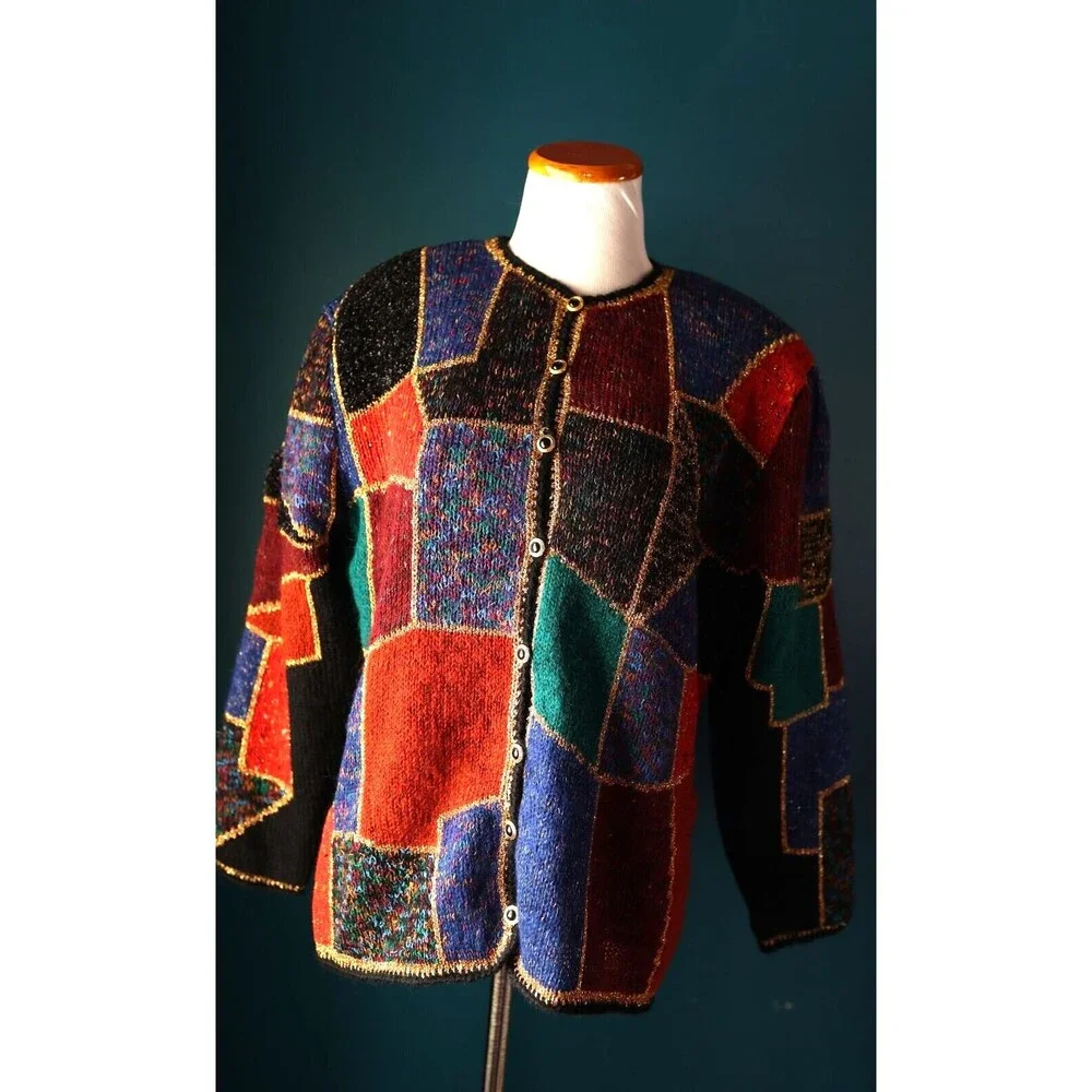 Vintage 80s Deadstock Career Fashion Color Block Mohair Metallic Funky Cardigan